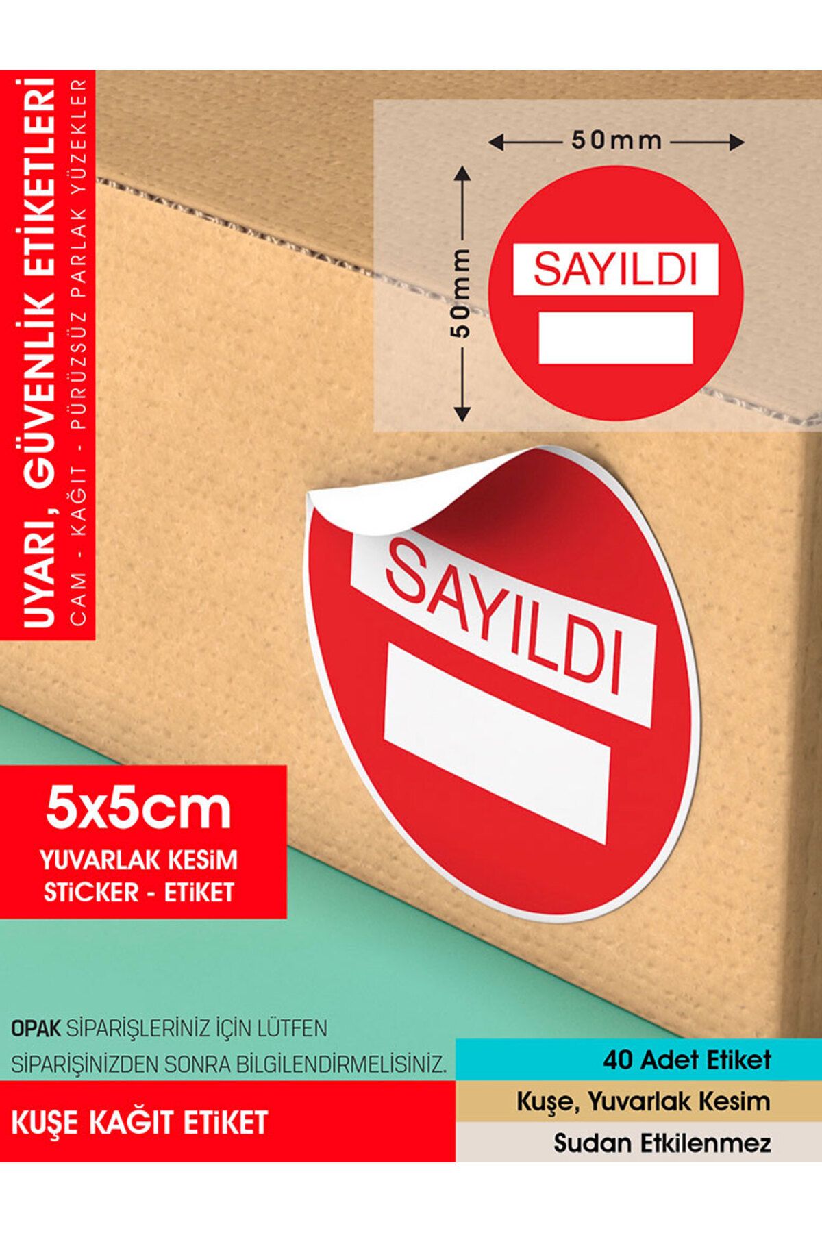 UYARI, GÜVENLİK KIRMIZI SAYILDI ETİKETİ, - 40 ADET OPAK STİCKER