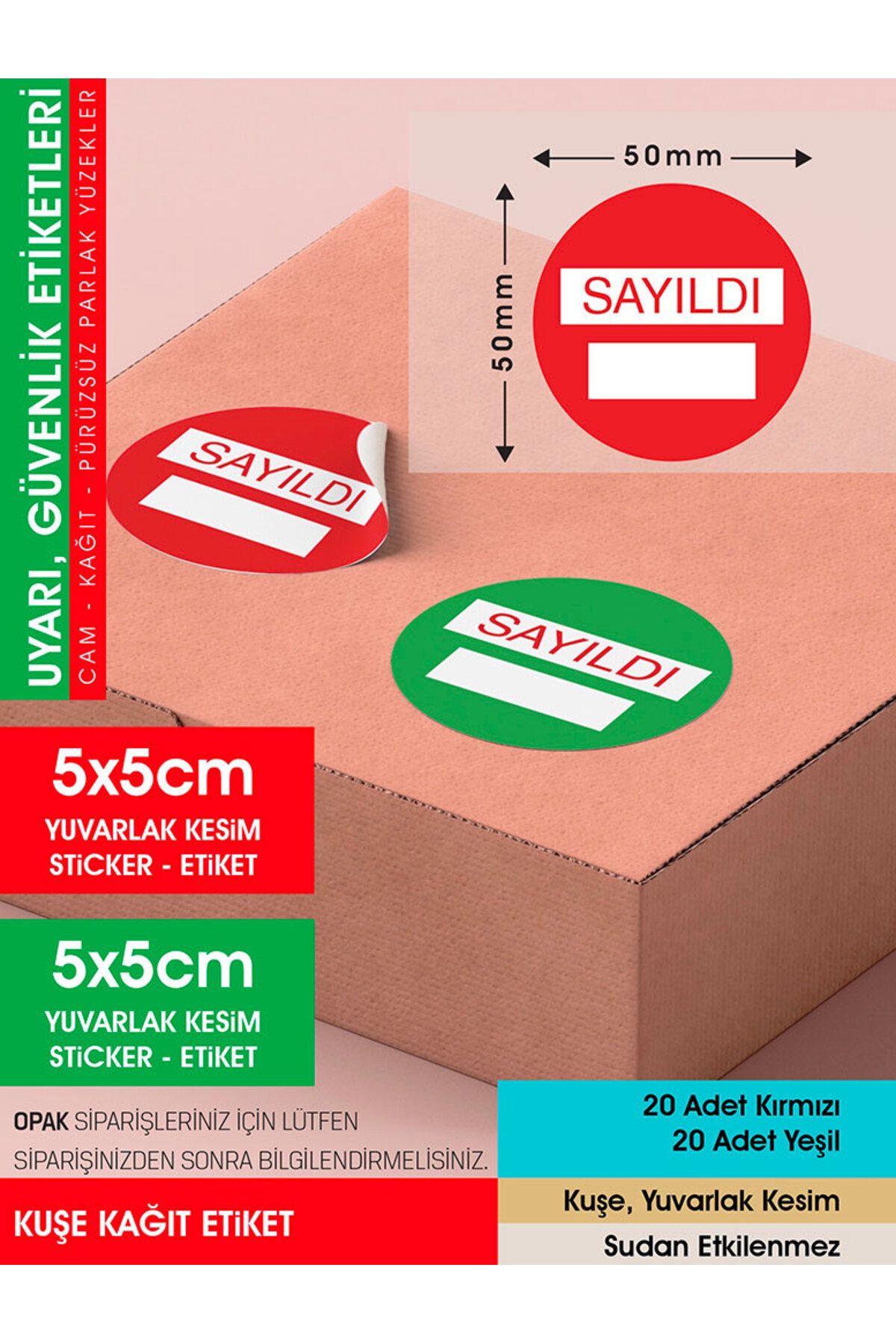 UYARI, GÜVENLİK KIRMIZI, YEŞİL SAYILDI ETİKETİ, - 40 ADET OPAK STİCKER