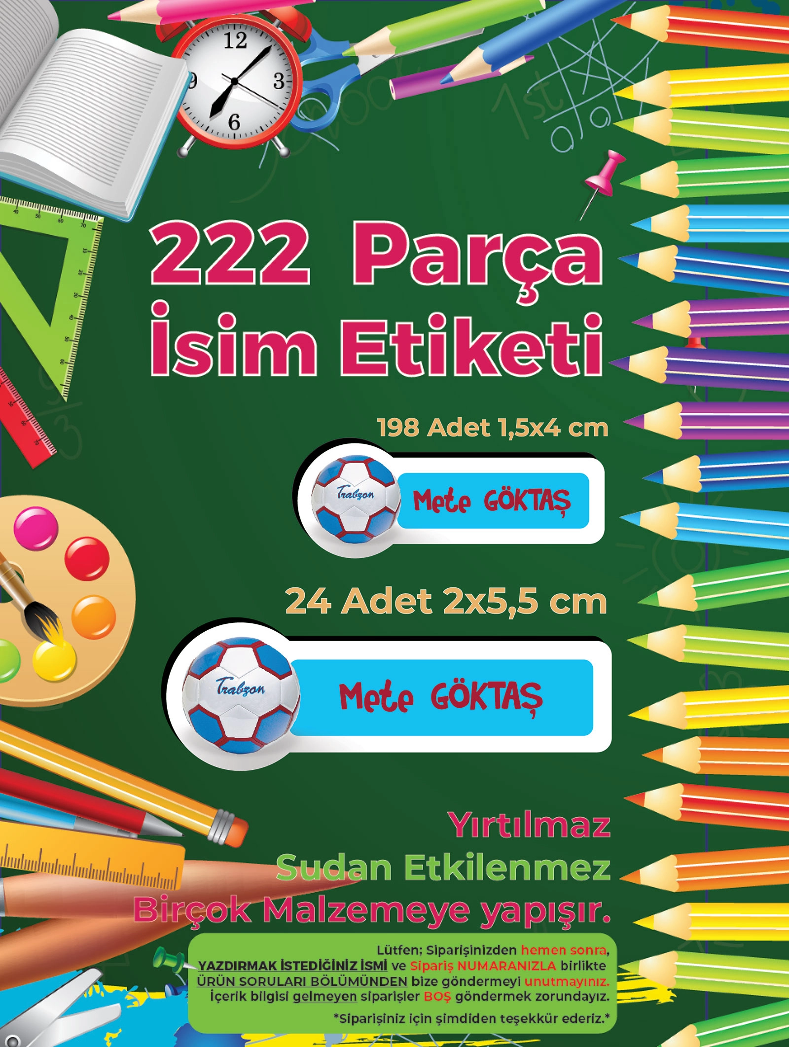 OFutbol Temalı Okul Etiketi - Yeşil siyah Renk Seçenekli i - 222 Adet Folyo Sticker