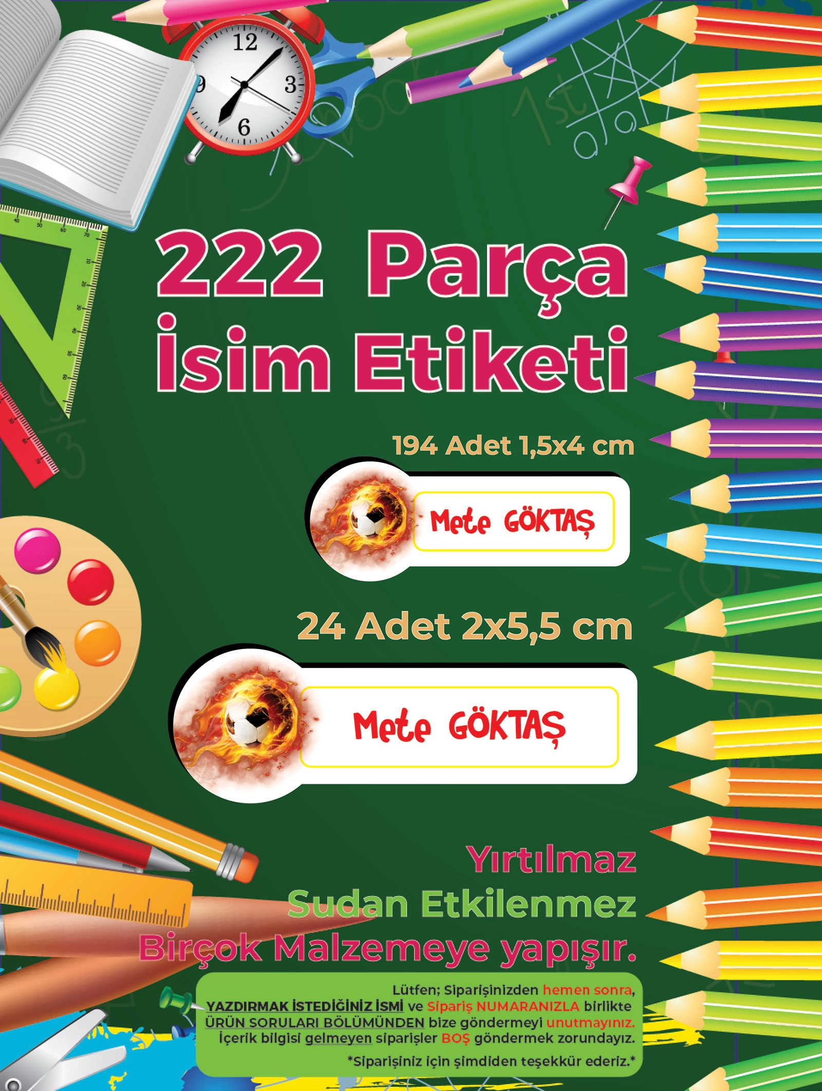 Futbol Temalı Okul Etiketi - Sarı Kırmızız Renk Seçenekli - 222 Adet Folyo Sticker