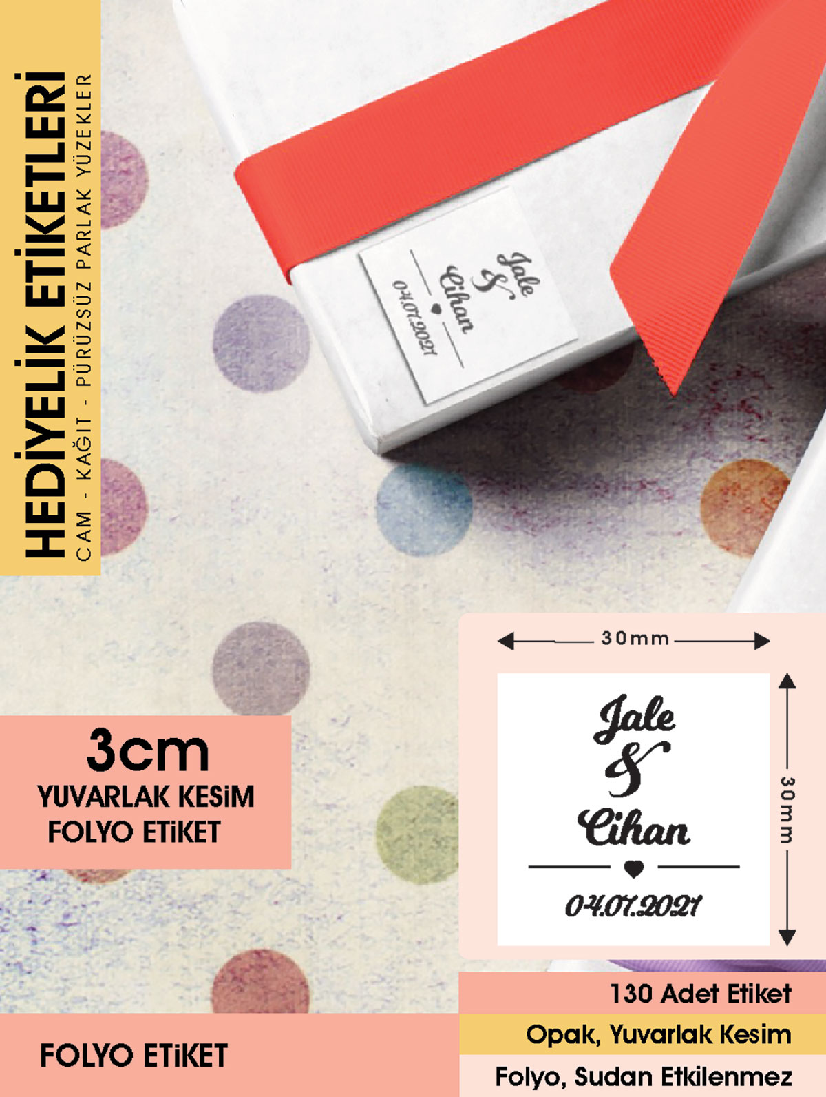 Kalp Figürlü Etiket, Cemiyet için Ürünlerinize Özel 3 Cm - 130 Adet Letbil Folyo Sticker