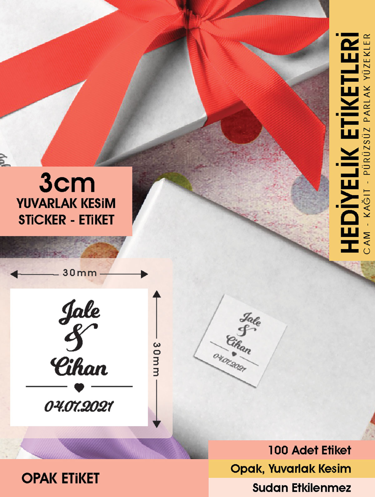 Kalp Figürlü Etiket, Cemiyet için Ürünlerinize Özel 3 Cm - 100 Adet Opak Etiket