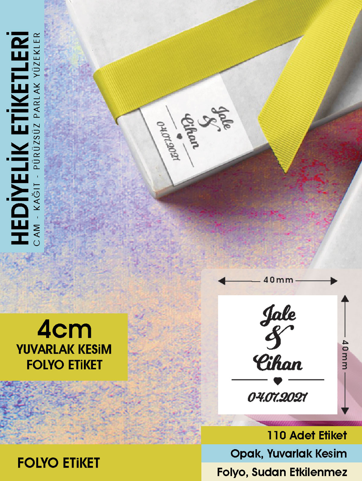 Kalp Figürlü Etiket, Cemiyet için Ürünlerinize Özel 4 Cm - 100 Adet Letbil Folyo Sticker