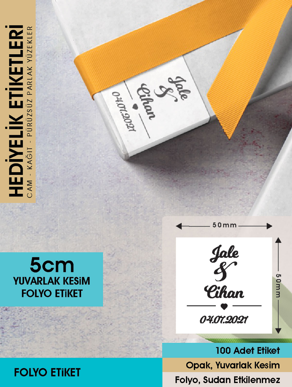 Kalp Figürlü Etiket, Cemiyet için Ürünlerinize Özel 5 Cm - 96 adet Letbil Folyo Sticker