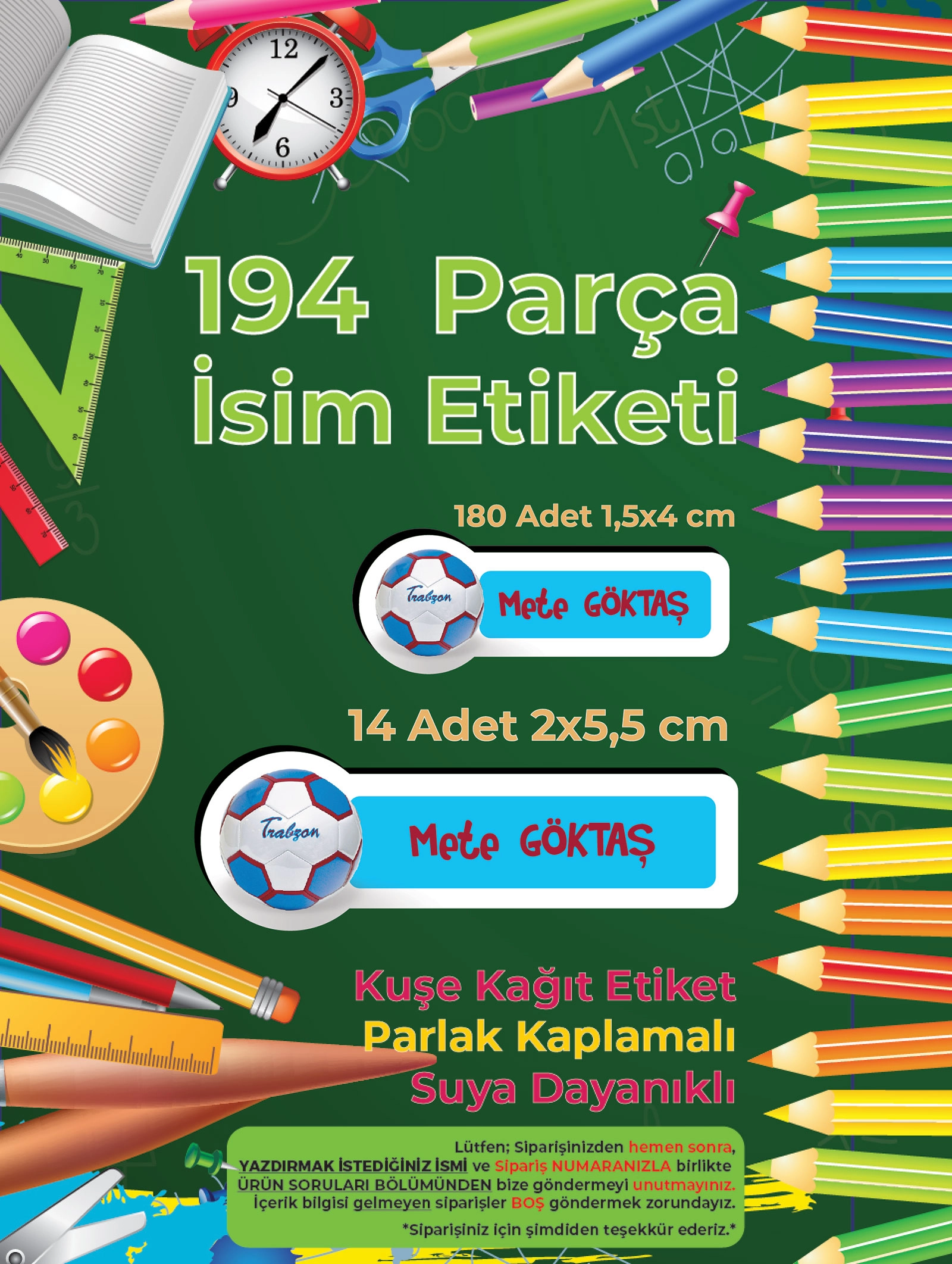 Futbol Temalı Okul Etiketi - Yeşil Siyah Renk Seçenekli - 194 Adet Opak Sticker