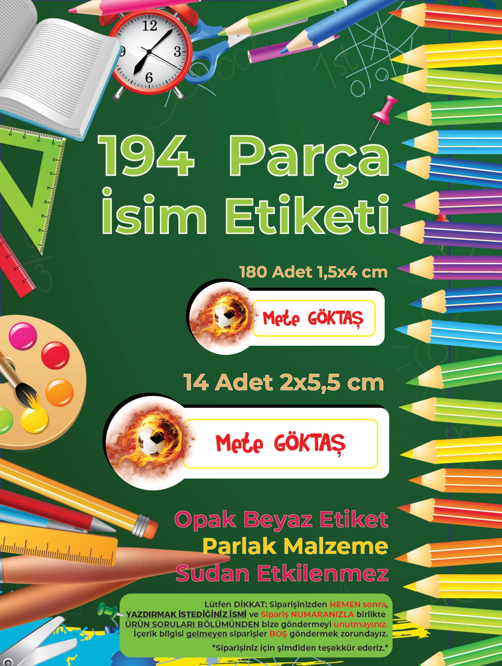 Futbol Temalı Okul Etiketi - Sarı Kırmızı Renk Seçenekli - 194 Adet Opak Sticker