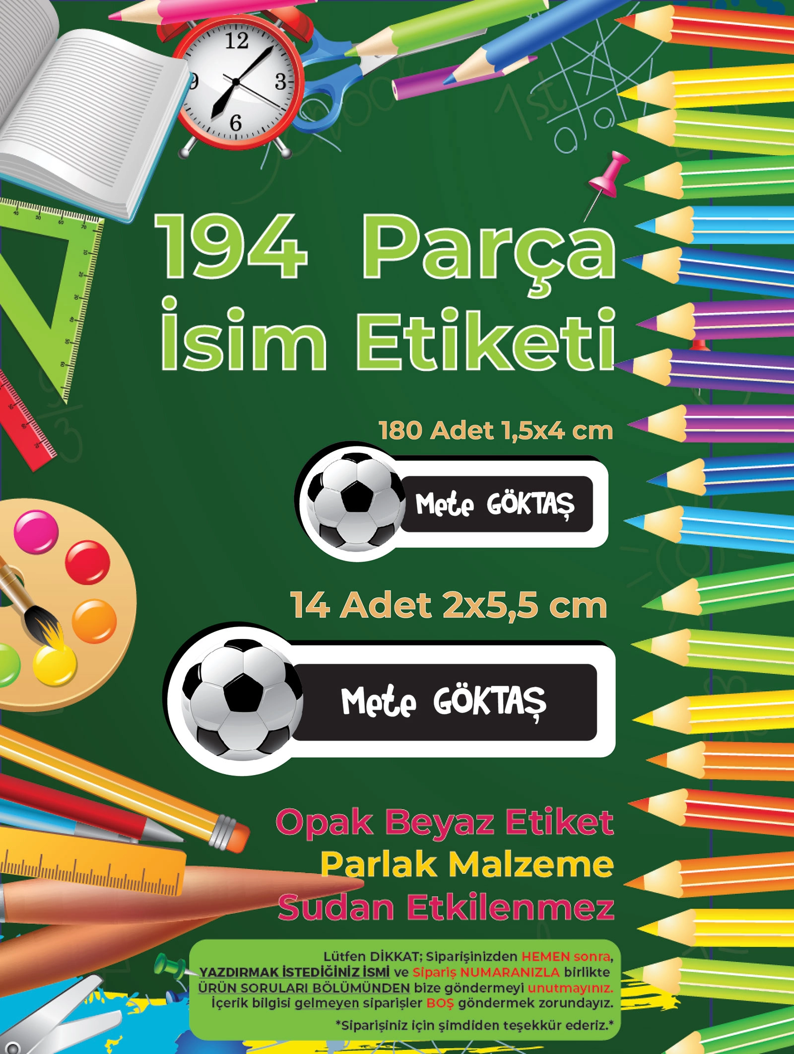 Futbol Temalı Okul Etiketi - Siyah Beyaz Renk Seçenekli - 194 Adet Opak Sticker