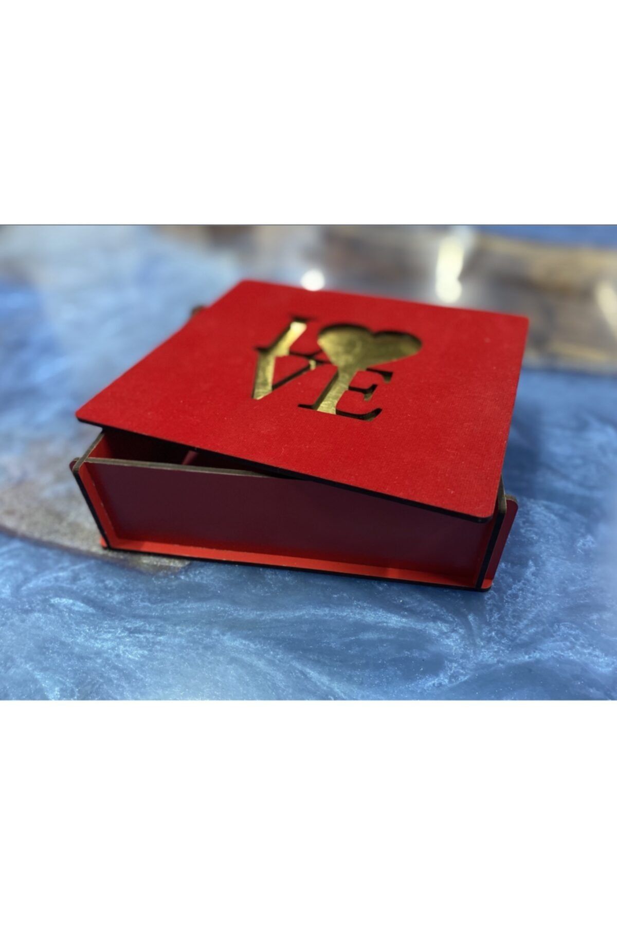 Love Motifli Kadife Geçme Kapaklı Kutu 15x17x2,5 cm