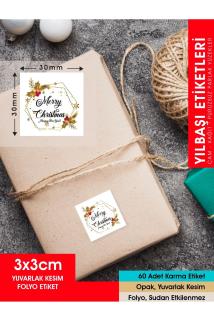 Etiket - Yılbaşı Merry Christmas Etiketi 3, Ürünlerinize Özel 3 Cm - 60 Adet Folyo Sticker
