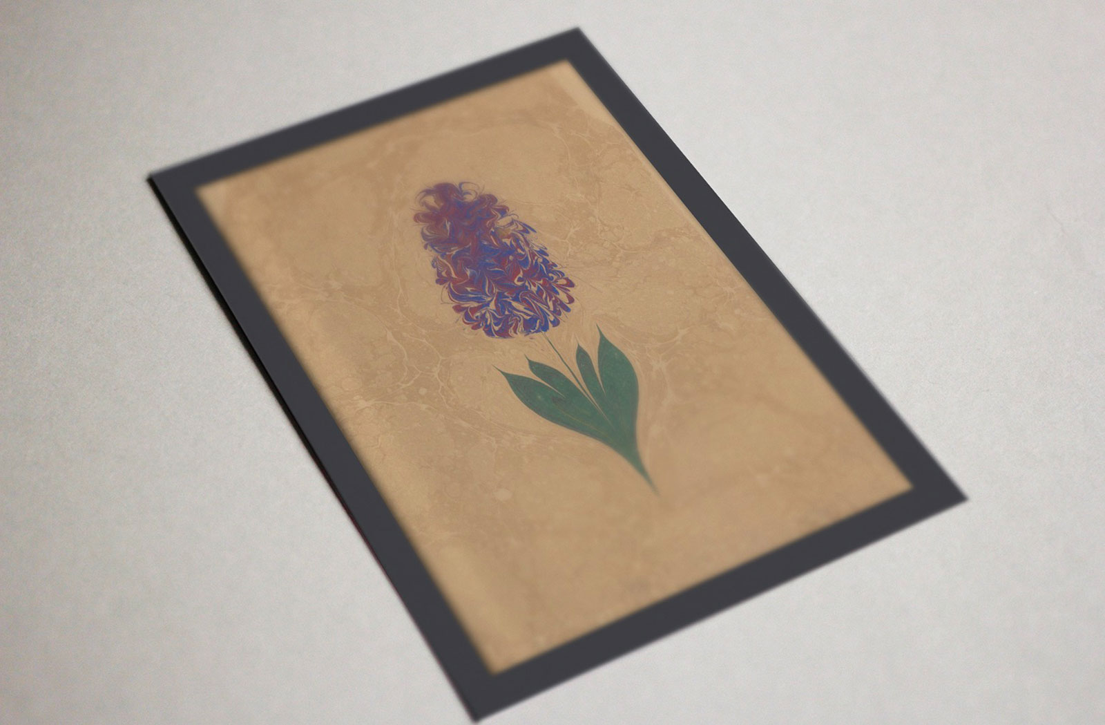 Ahşap Kendinden Çerçeveli Tablo - Ebru Sanatı - Sümbül, Standart - 20x28cm