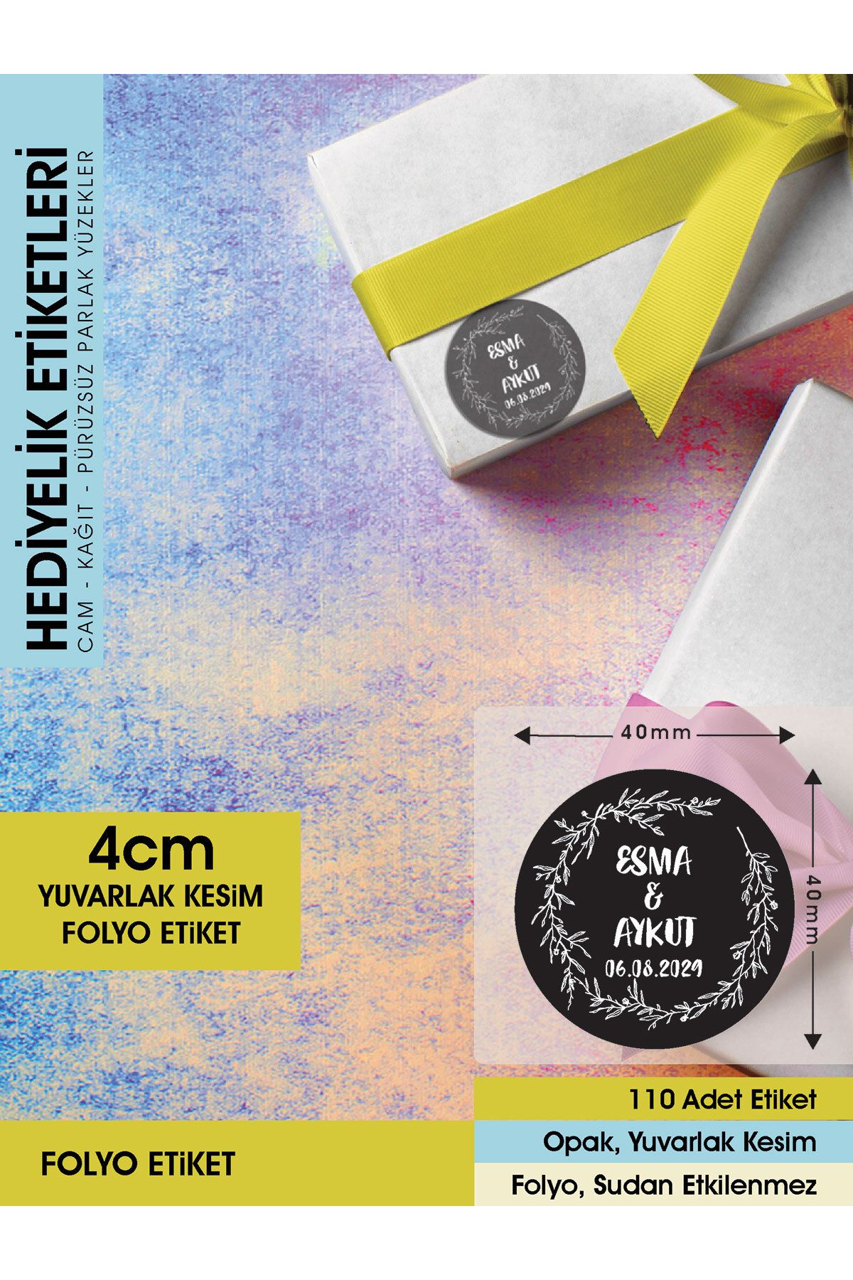Çelenk Çiçek Motifli, Siyah Etiket Modeli Ürünlerinize Özel 4 Cm - 110 Adet Folyo Sticker