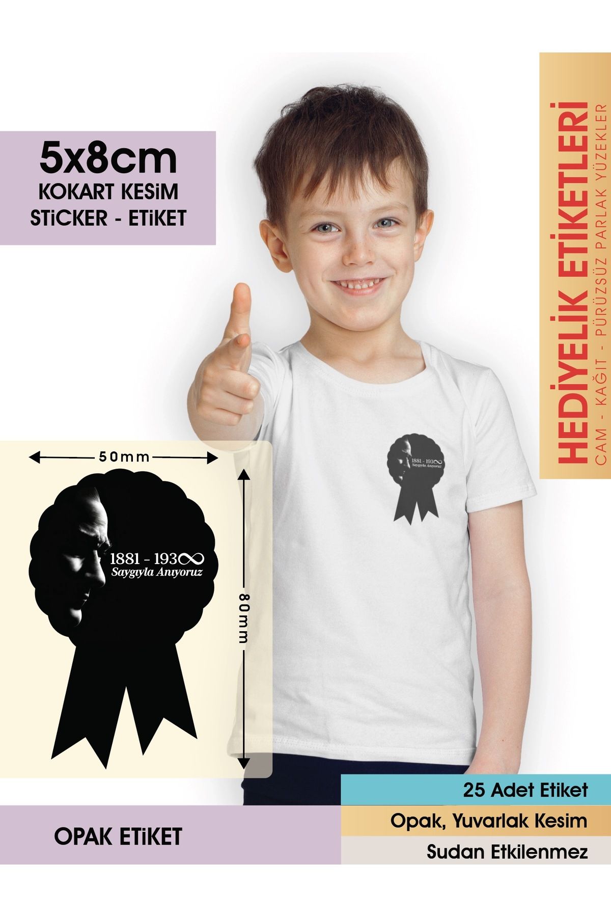 10 Kasım Etiketi - ATATÜRK’Ü Anma Kokart Etiketi - 5x8CM - 25 Adet Opak Sticker
