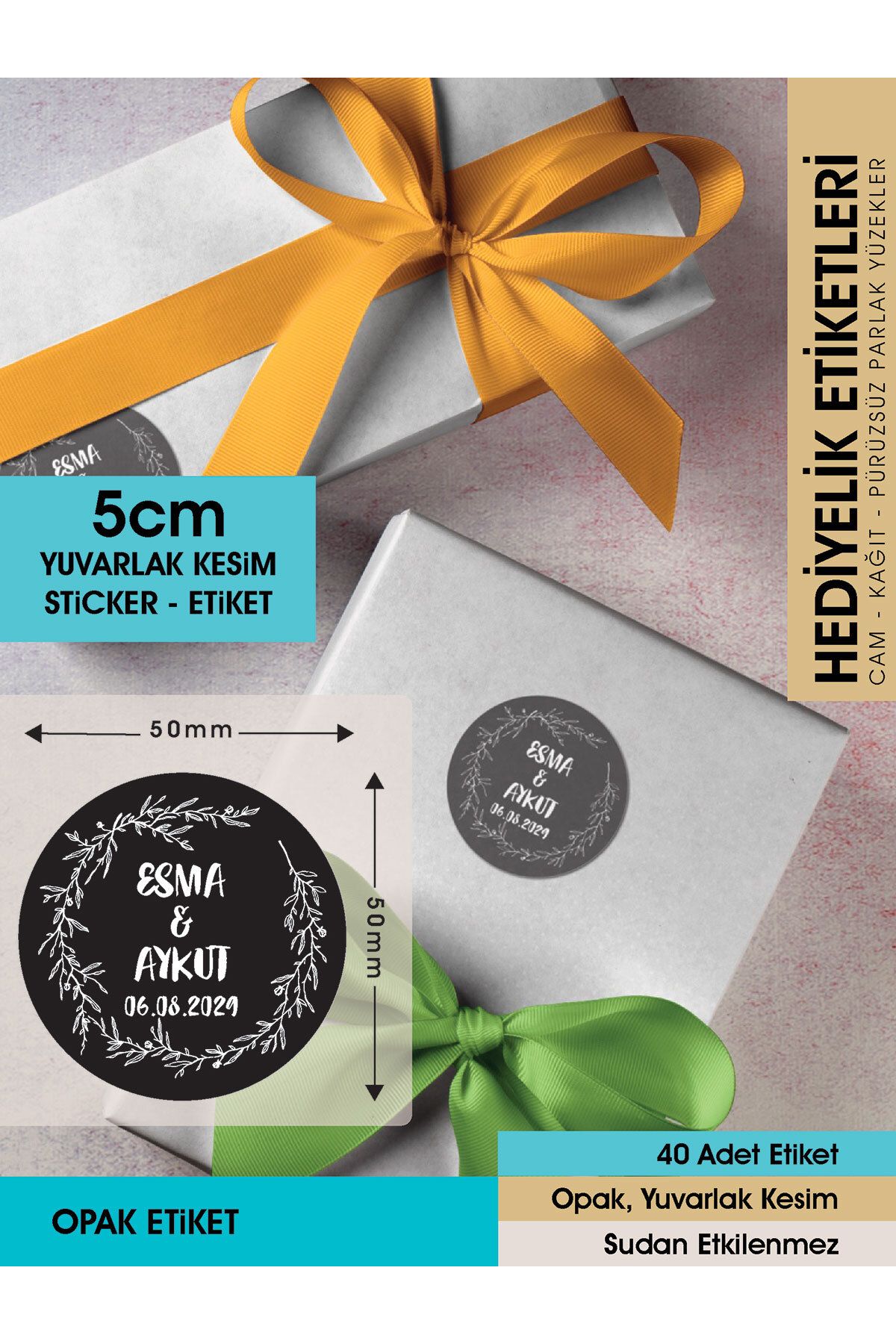 Çelenk Çiçek Motifli, Siyah Etiket Modeli Ürünlerinize Özel 5 Cm - 40 Adet Opak Sticker