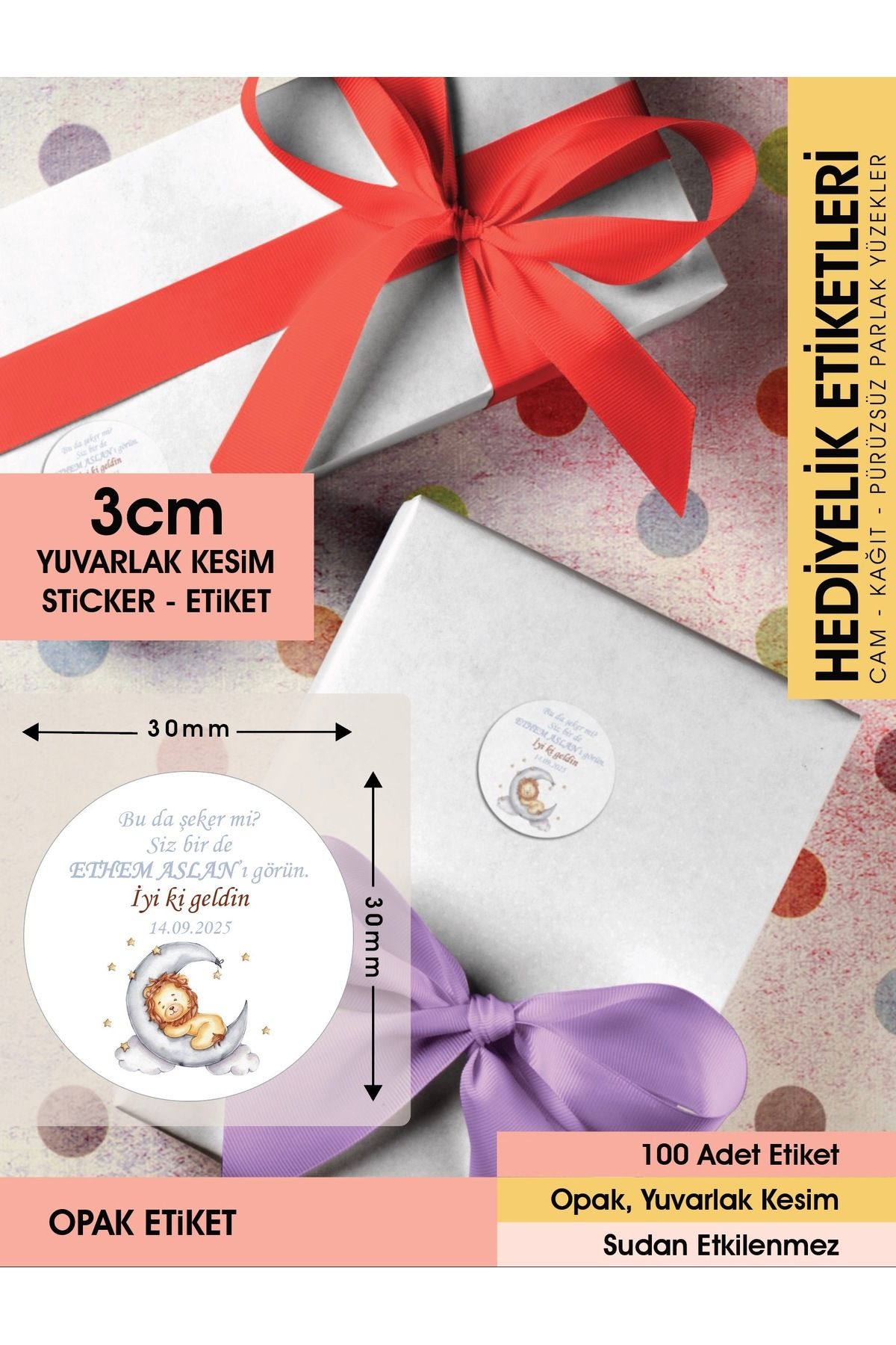 Aslan Konseptli Etiket, Hediyelik Etiket 3cm - 100 Adet Opak Etiket