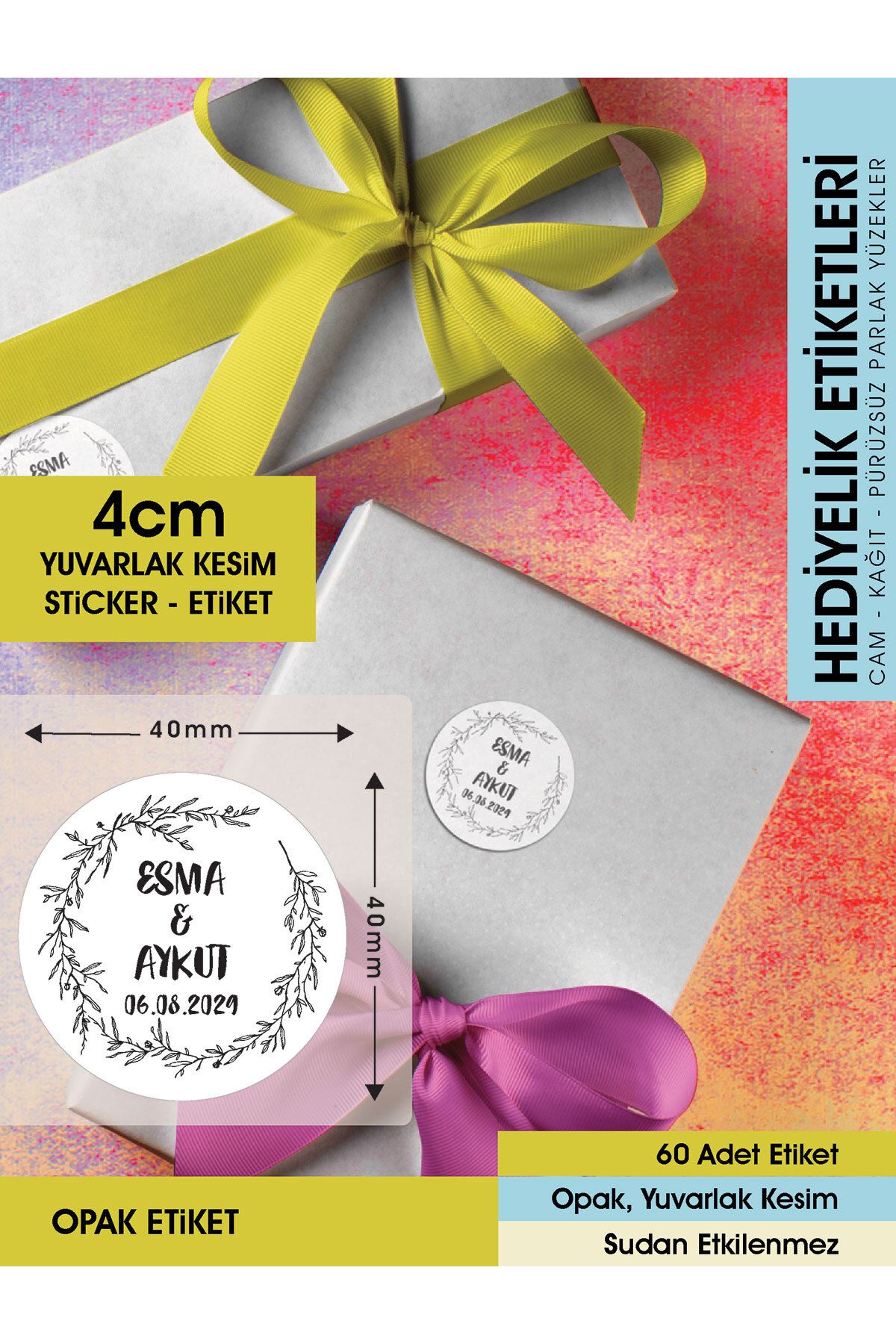 Çelenk Çiçek Motifli Etiket Modeli Ürünlerinize Özel 4 Cm -60 Adet Opak Sticker