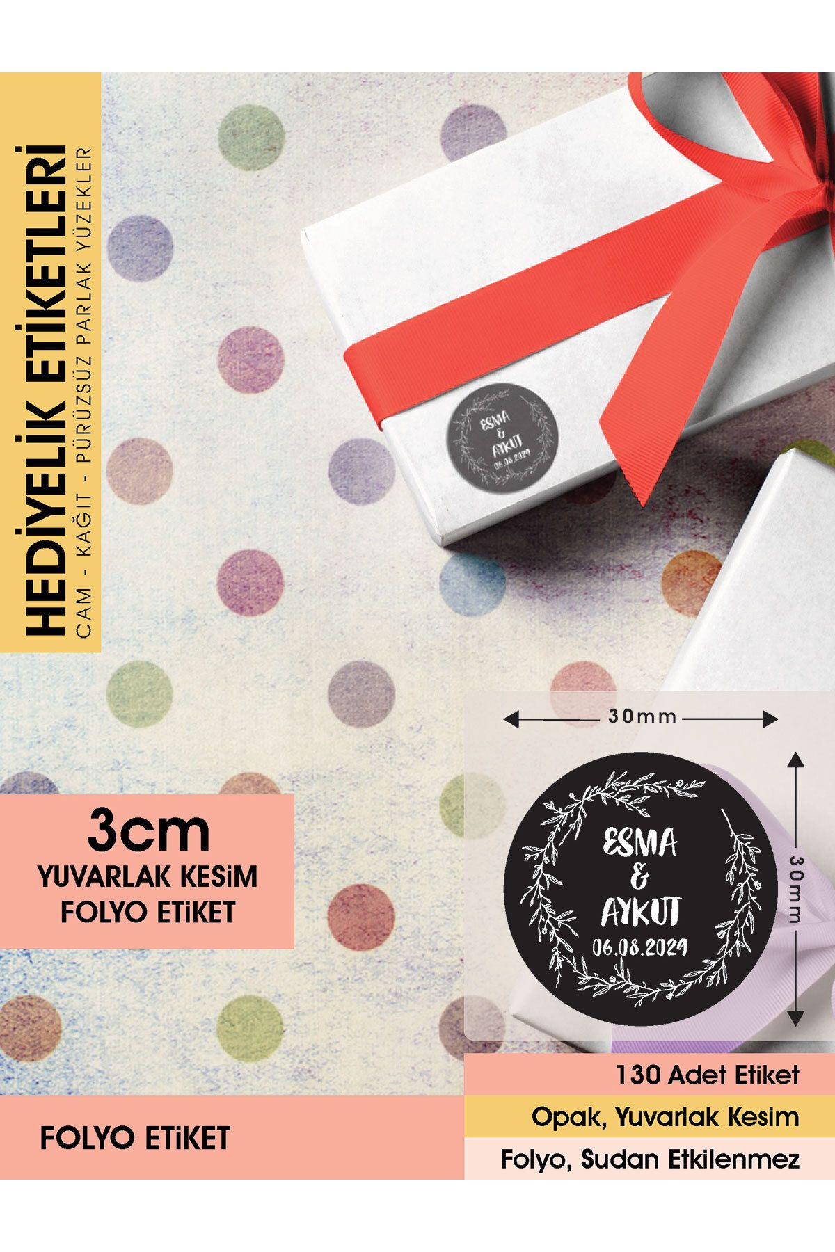 Çelenk Çiçek Motifli, Siyah Etiket Modeli Ürünlerinize Özel 3 Cm - 130 Adet Folyo Sticker
